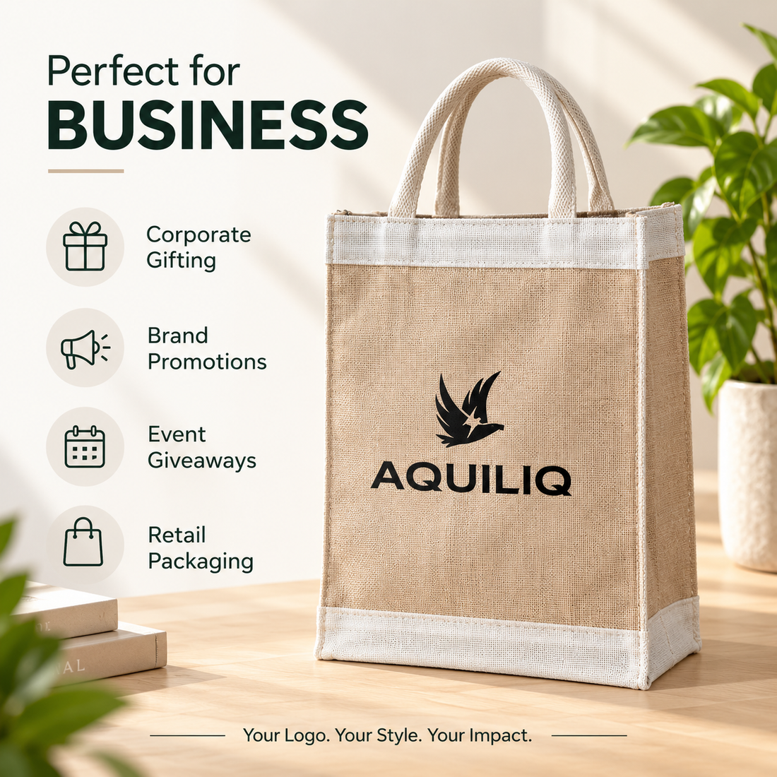 13x15.5x4.5 Natural Tall Juco & Canvas Tote Bag with Rope Handles