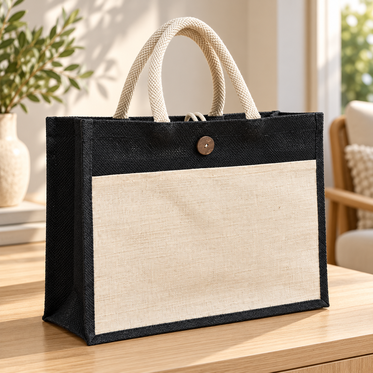 Plain 16x13x6 Black & Natural Jute Hamper Bag with Canvas Front Pocket