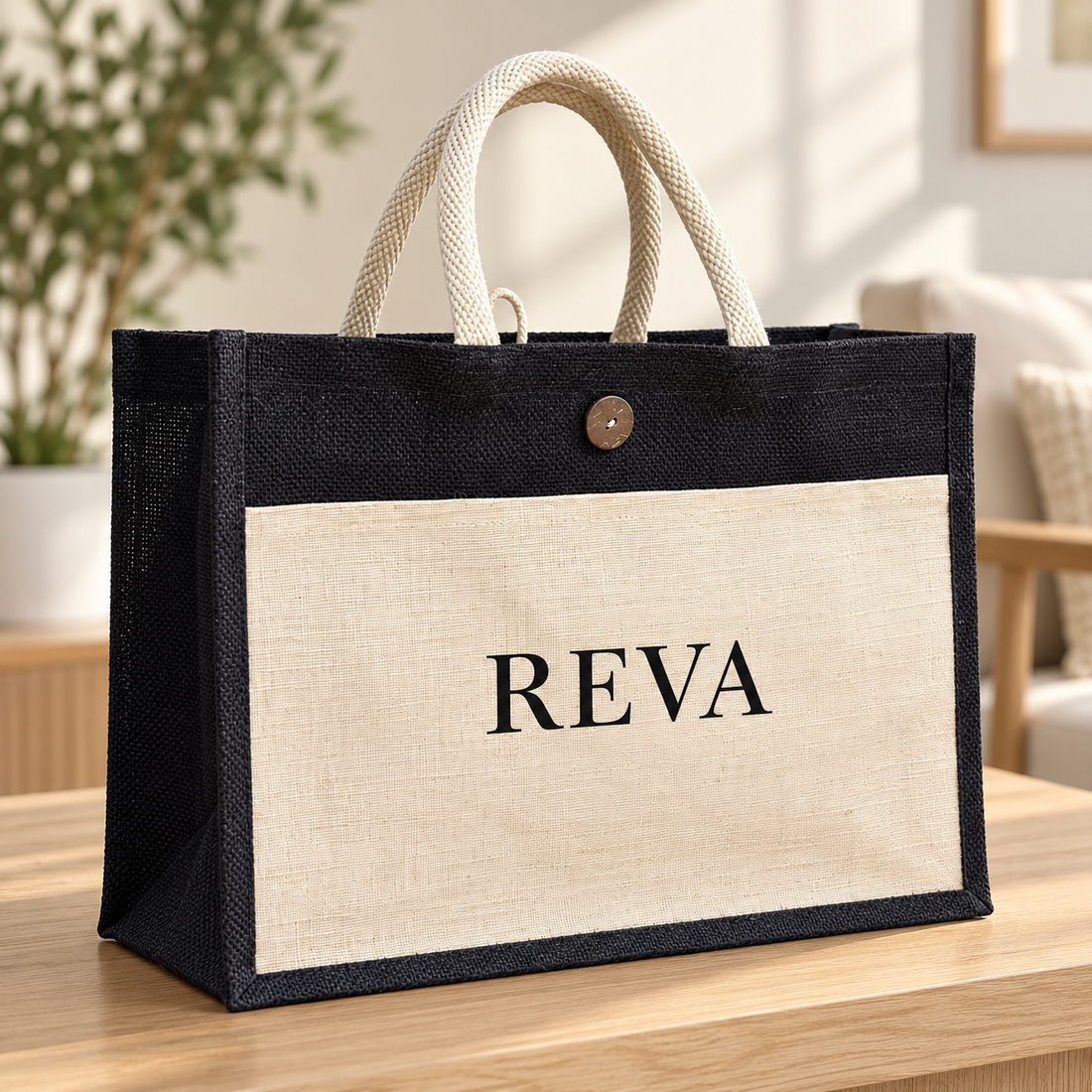 16x13x6 Black & Natural Jute Hamper Bag with Canvas Front Pocket