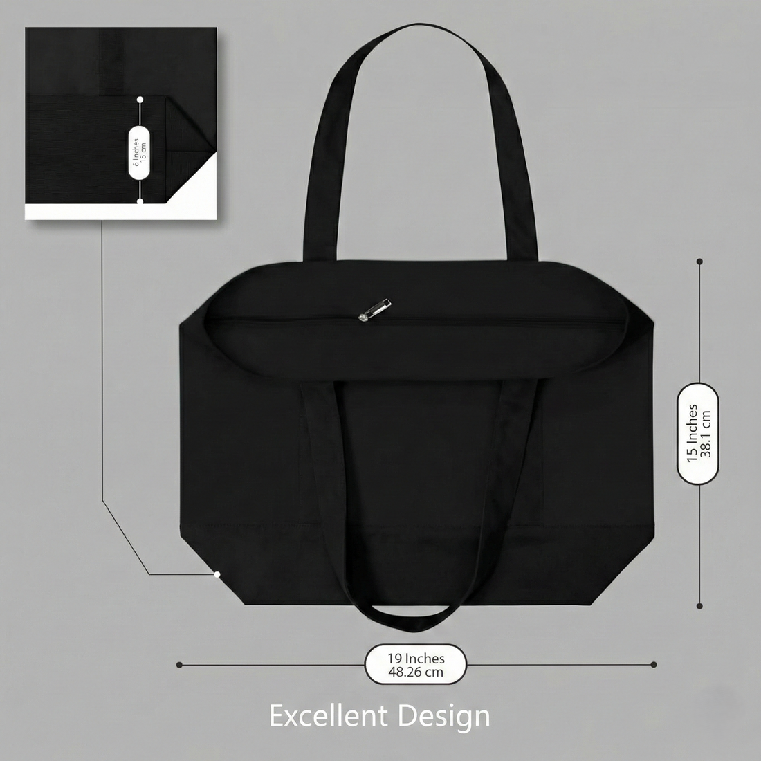 Black Large Canvas Tote Bag | 19" x 15" x 6"