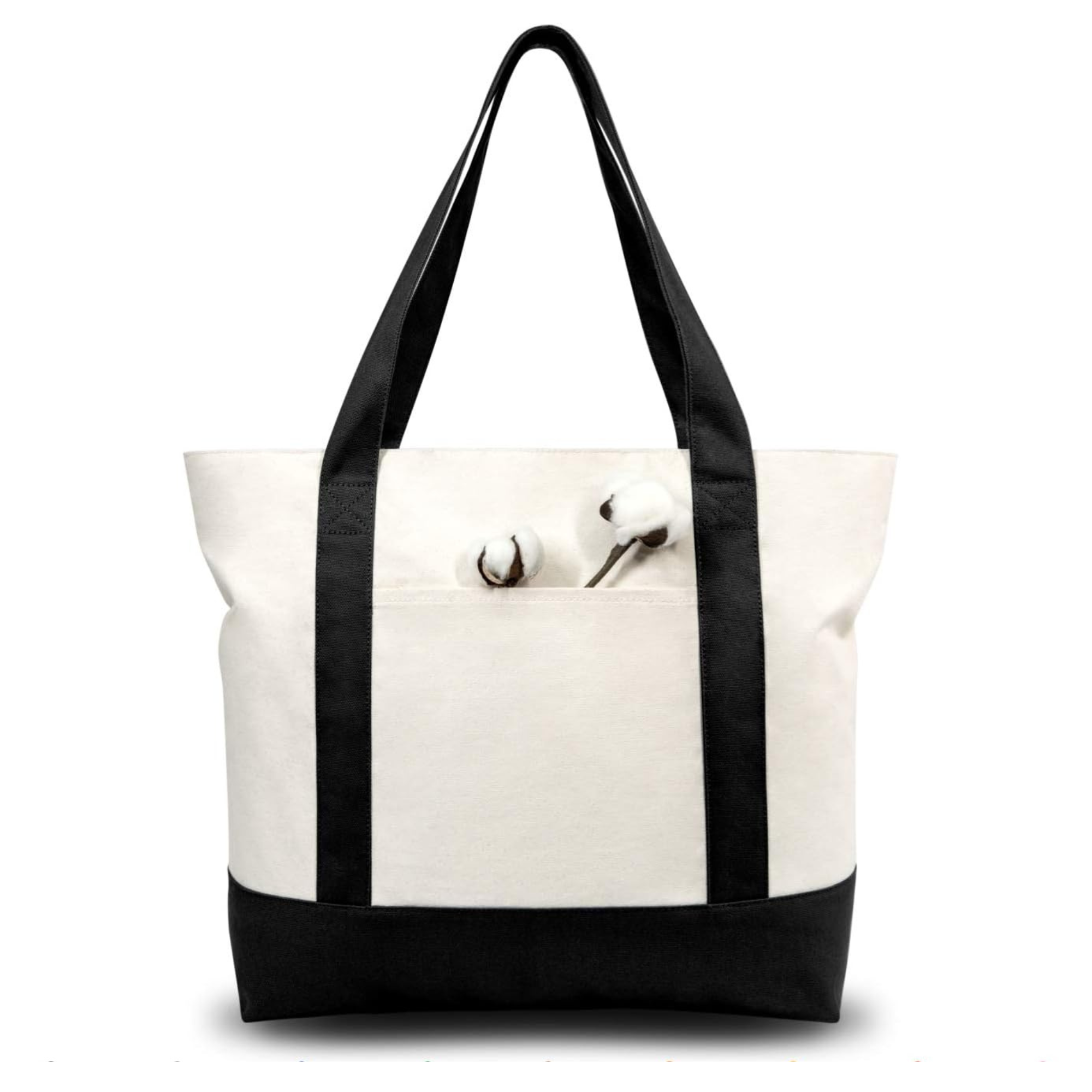 Black and Beige Large Canvas Tote Bag | 19" x 15" x 6"