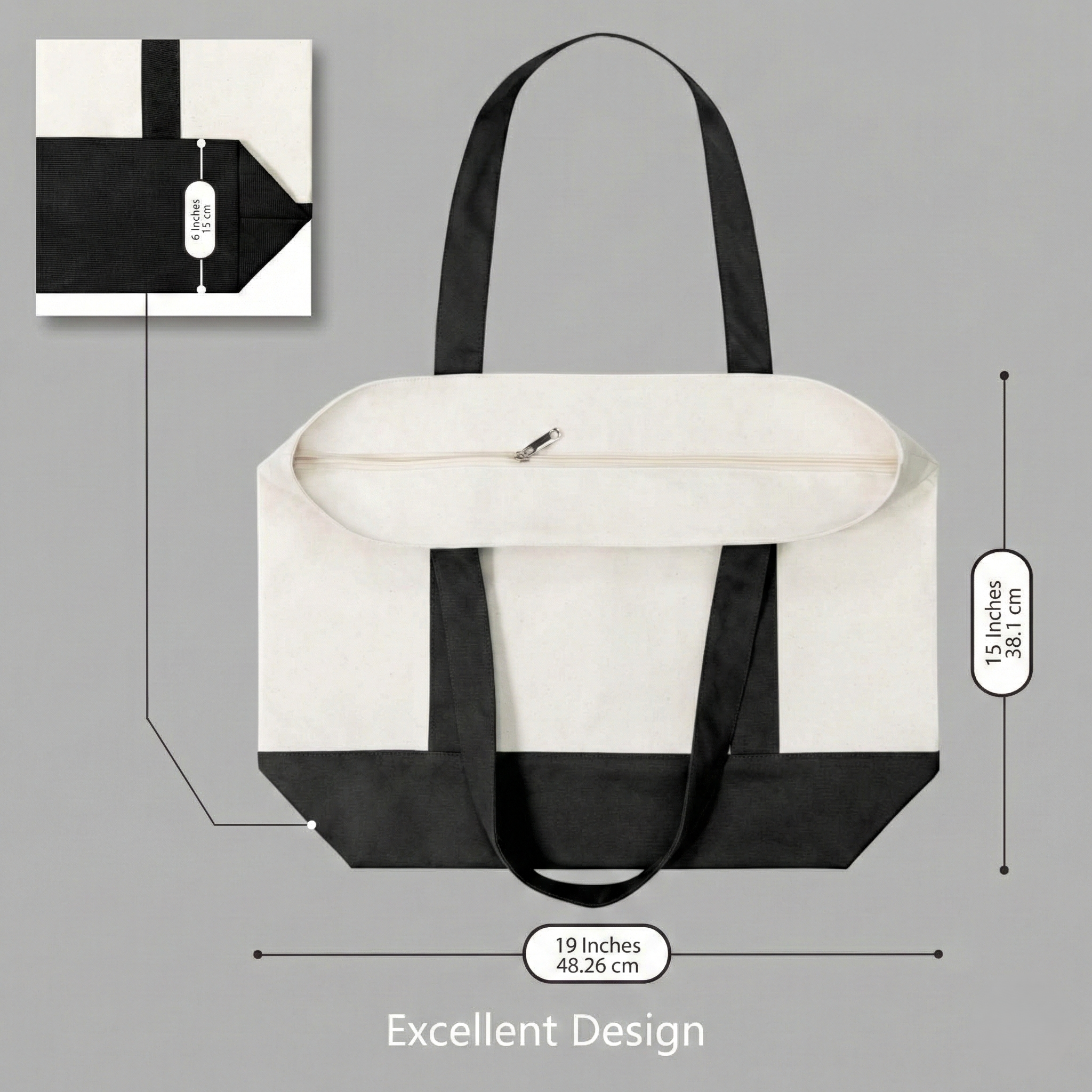 Black and Beige Large Canvas Tote Bag | 19" x 15" x 6"