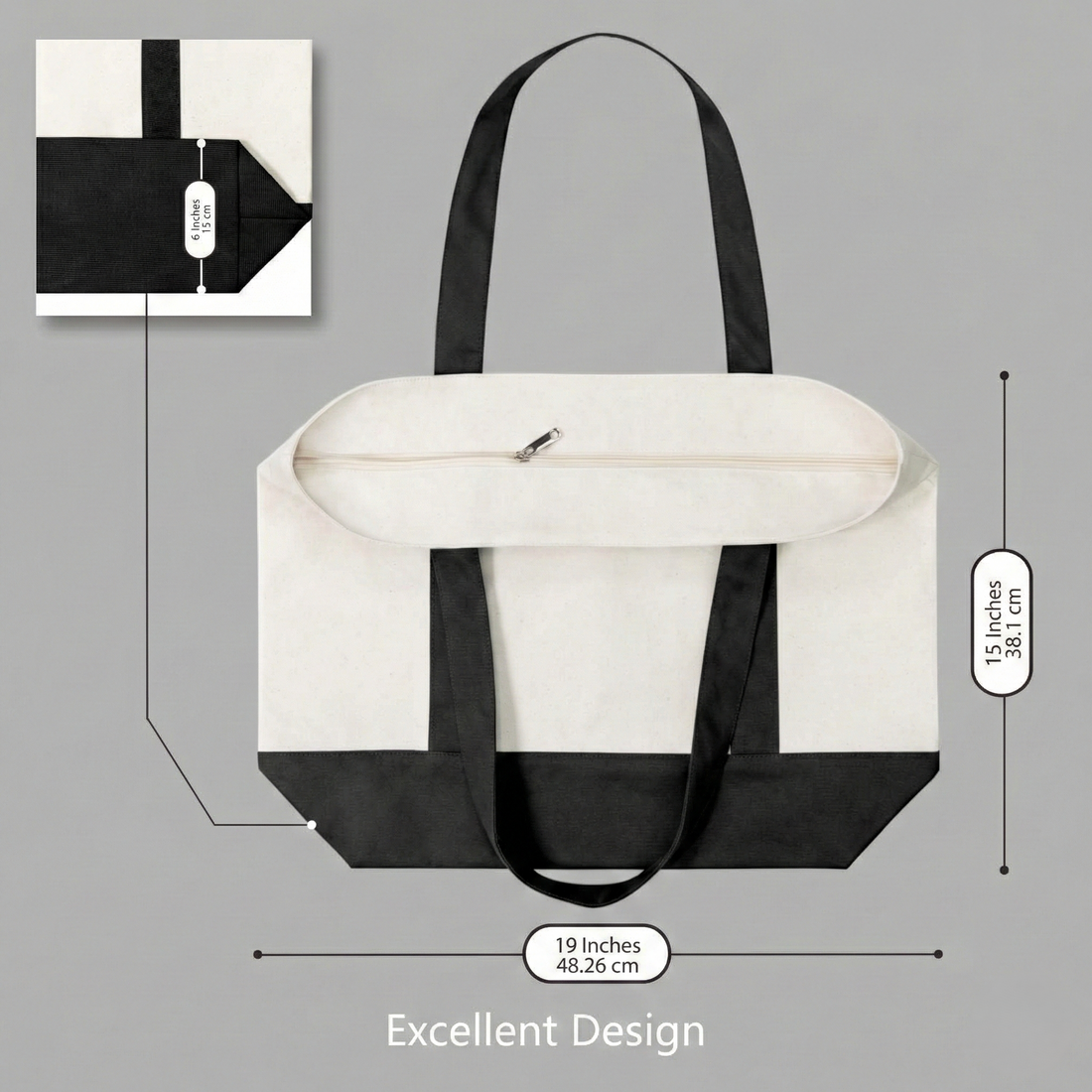 Black and Beige Large Canvas Tote Bag | 19" x 15" x 6"