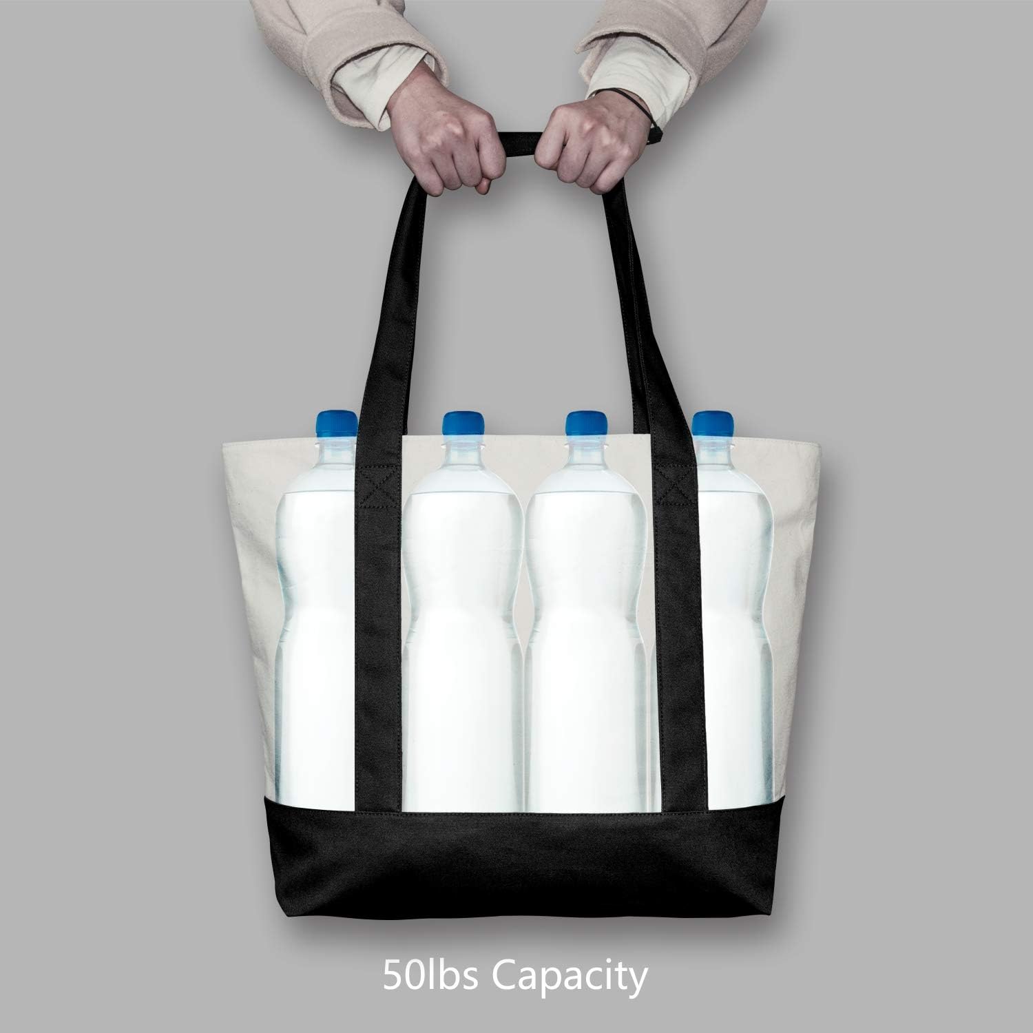 Black and Beige Large Canvas Tote Bag | 19" x 15" x 6"