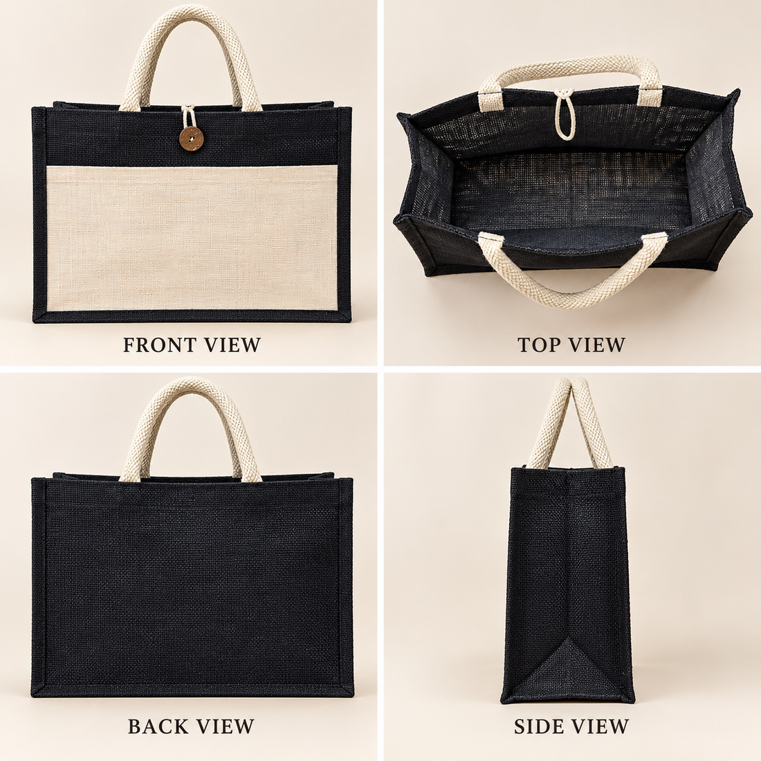 Plain 16x13x6 Black & Natural Jute Hamper Bag with Canvas Front Pocket