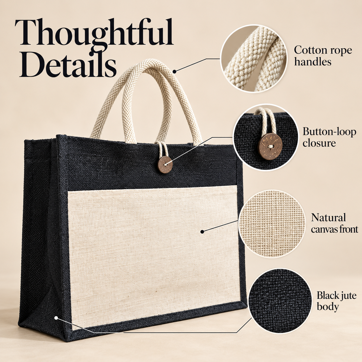 Plain 16x13x6 Black & Natural Jute Hamper Bag with Canvas Front Pocket