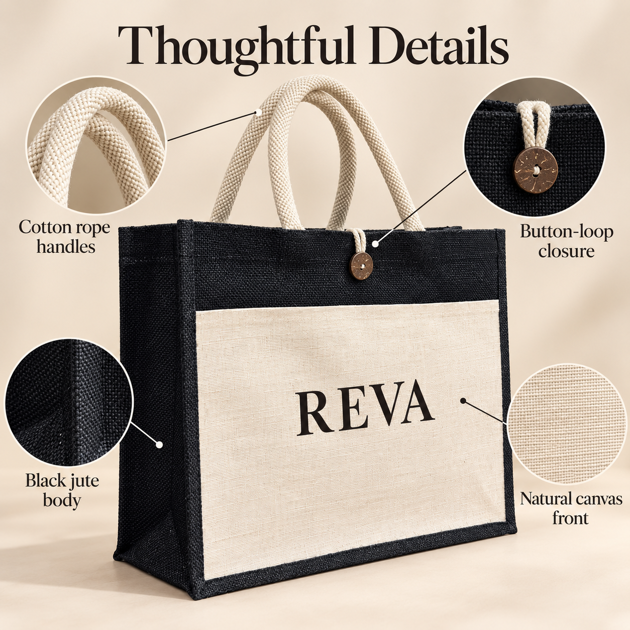 16x13x6 Black & Natural Jute Hamper Bag with Canvas Front Pocket