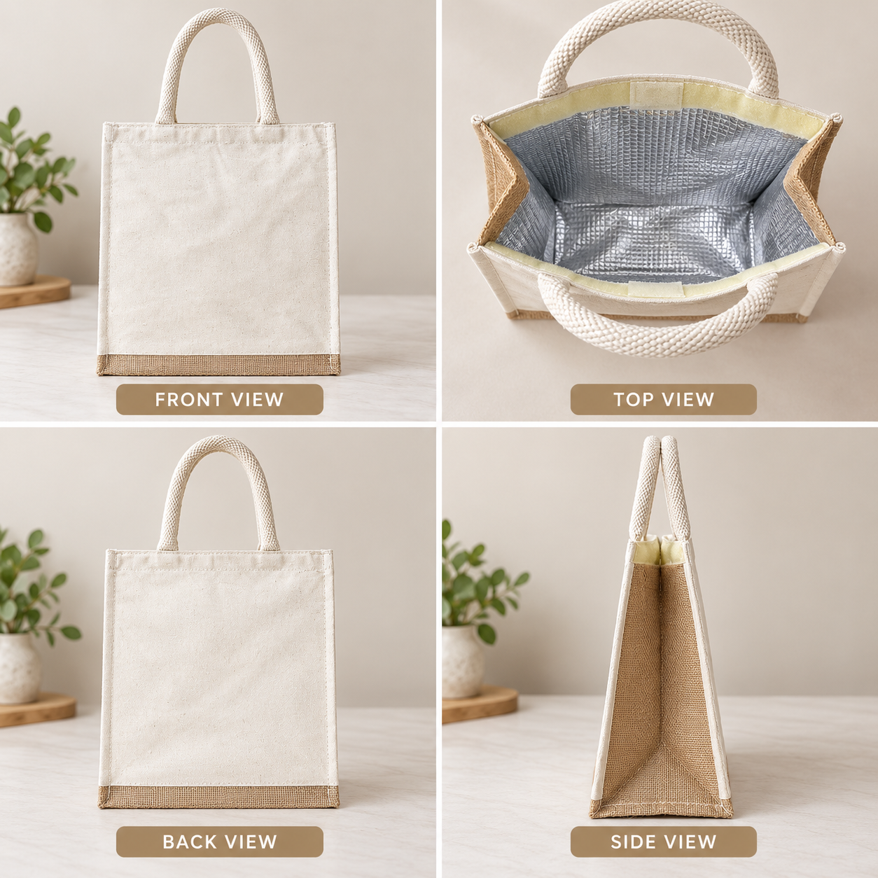 Plain 12x13.5x6.5 Natural Insulated Canvas Cooler Bag | 310 GSM