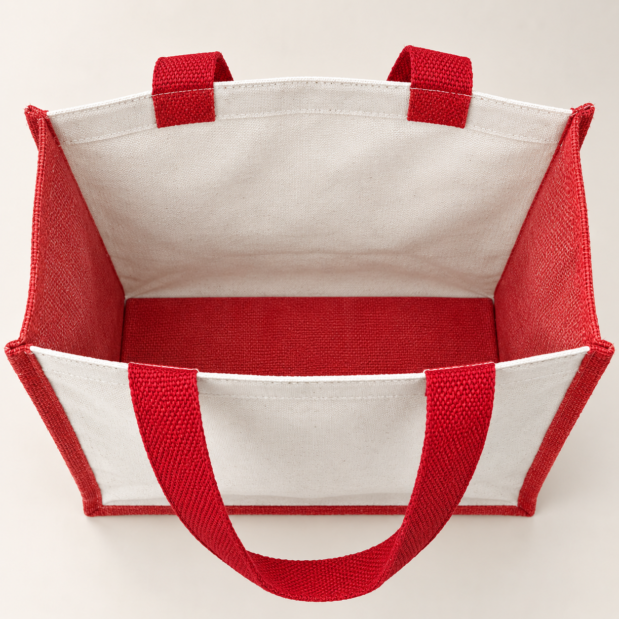 Plain 12x15.5x5.5 Red Laminated Jute & Canvas Tote Bag