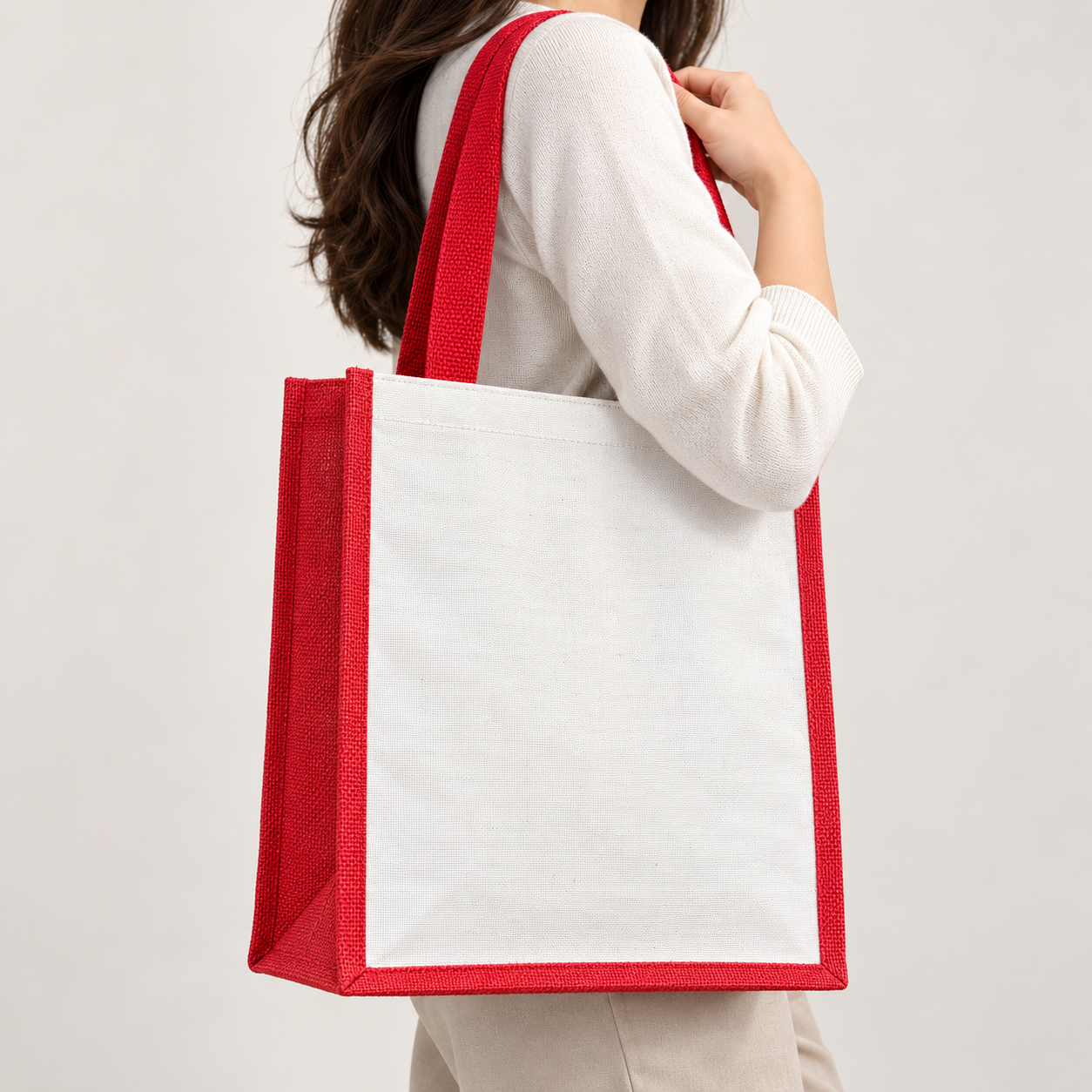Plain 12x15.5x5.5 Red Laminated Jute & Canvas Tote Bag