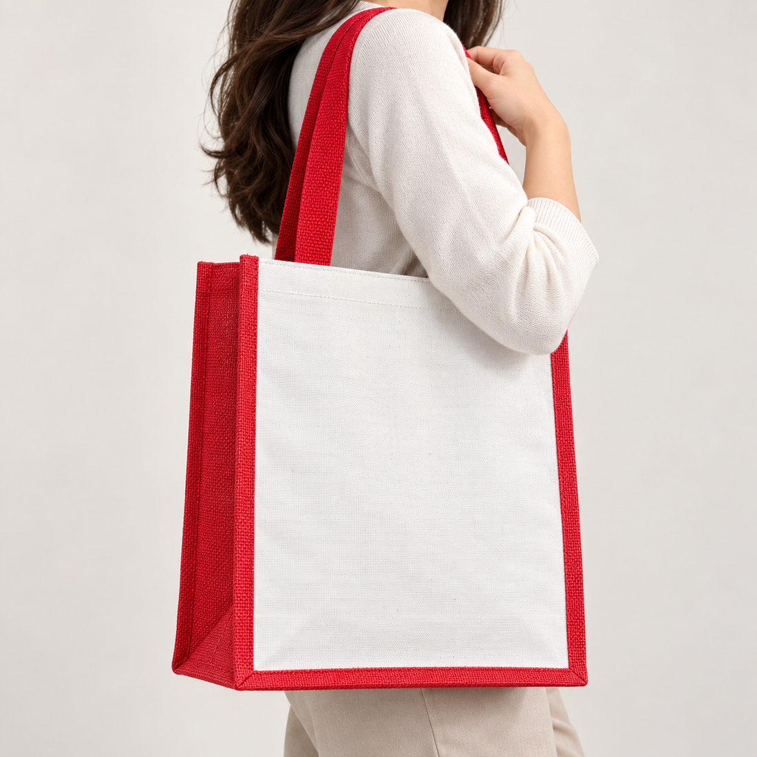 Plain 12x15.5x5.5 Red Laminated Jute & Canvas Tote Bag