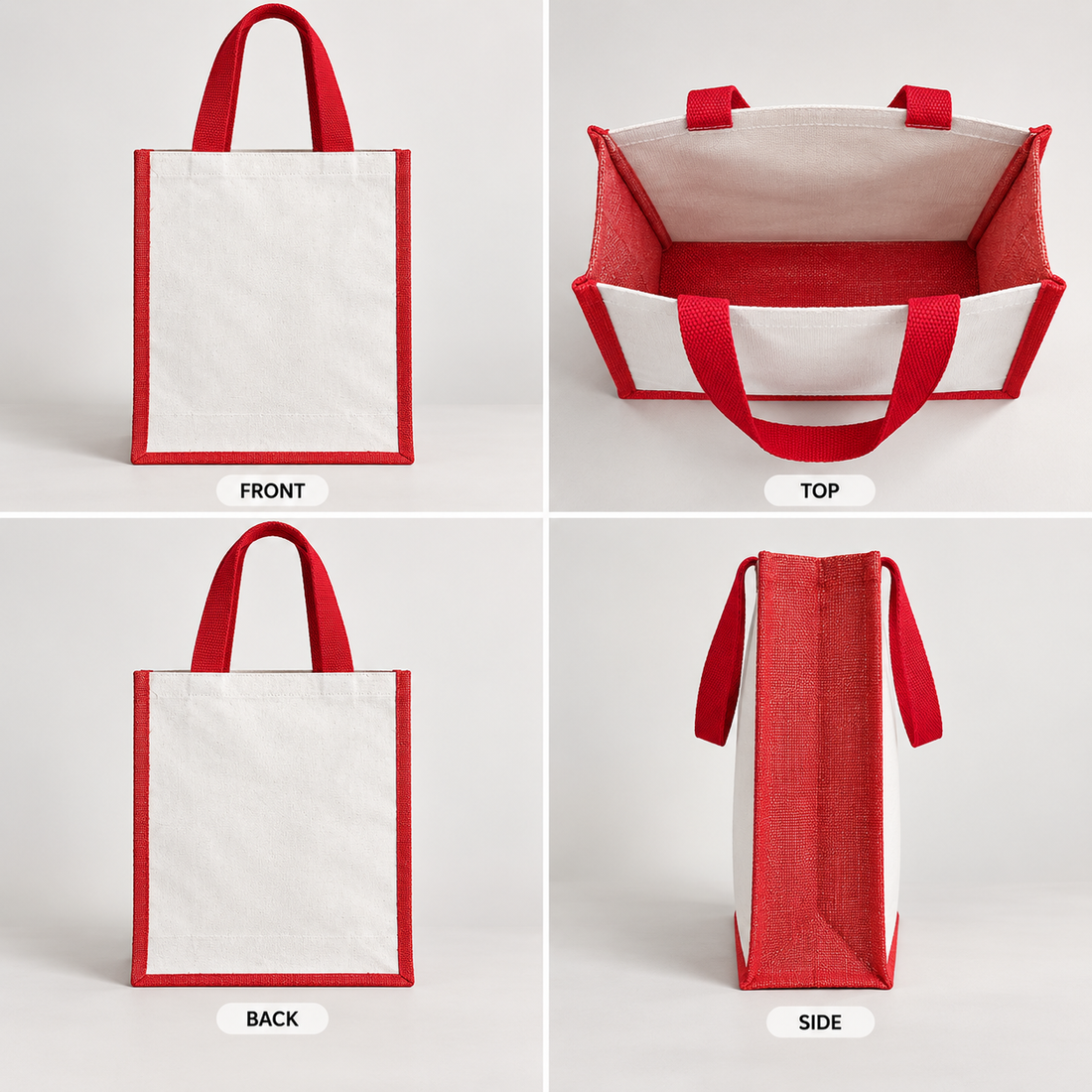 Plain 12x15.5x5.5 Red Laminated Jute & Canvas Tote Bag