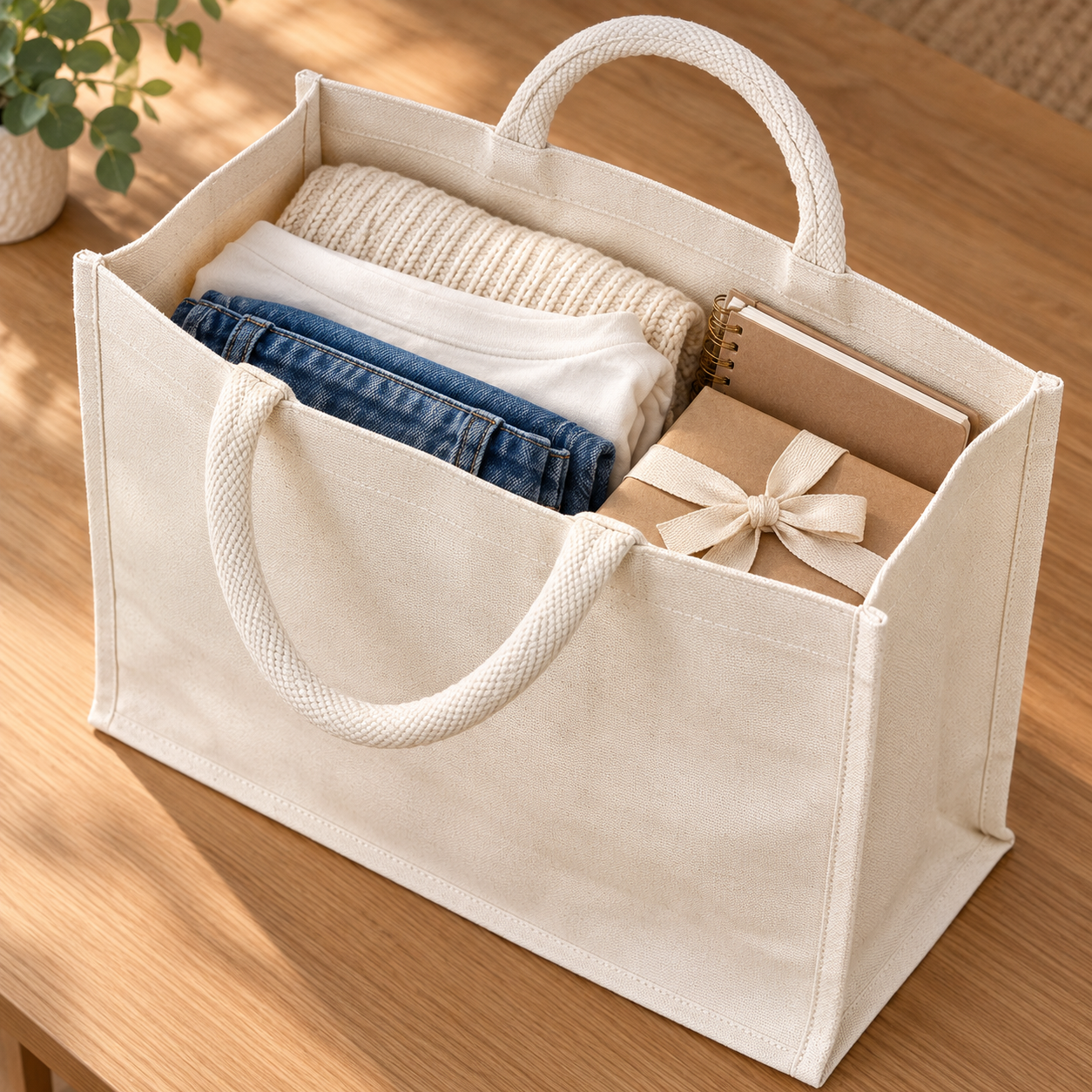 Plain 16x13x6 Ivory Laminated Canvas Shopping Bag | 310 GSM
