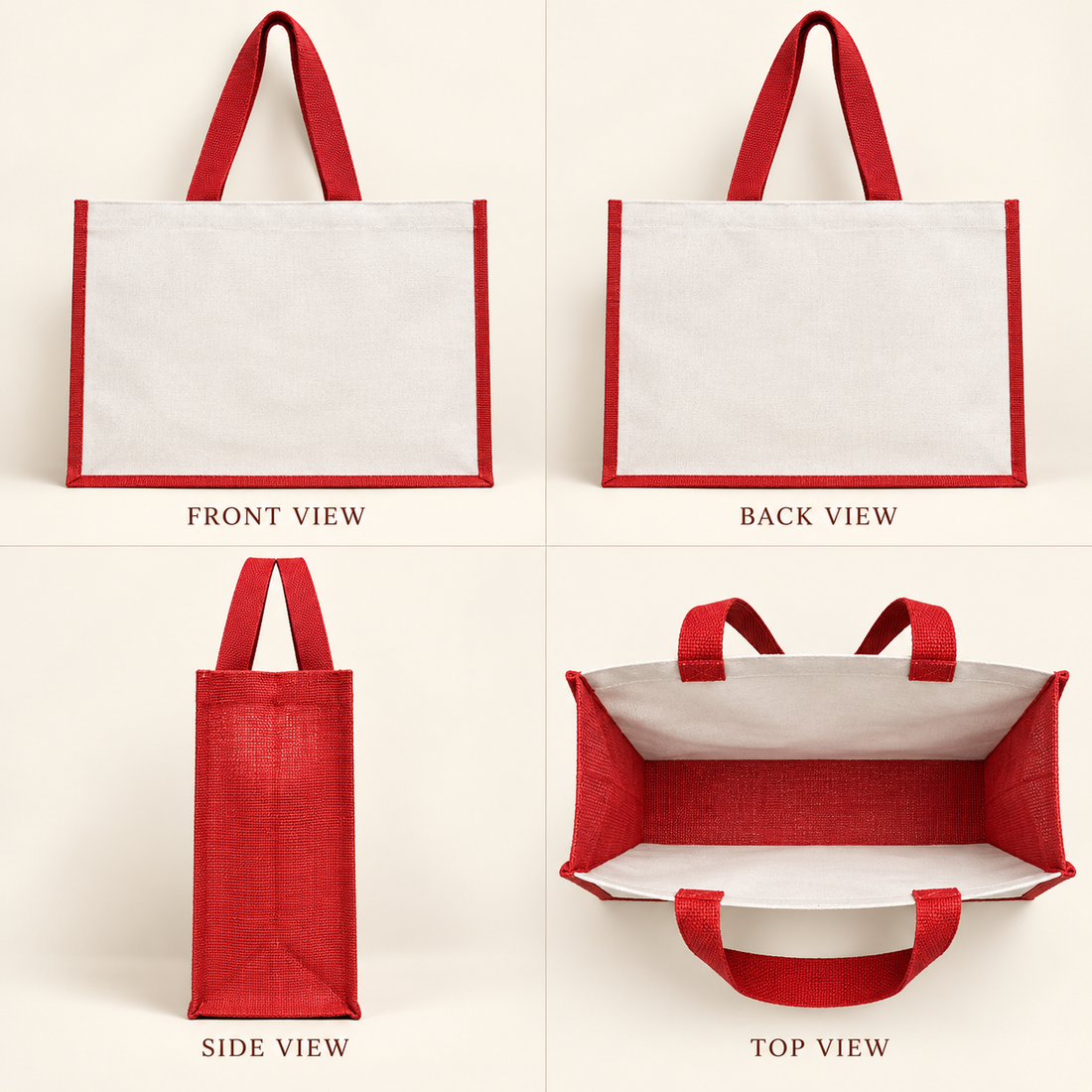 Plain 16x13x6 Red Laminated Jute & Canvas Hamper Bag