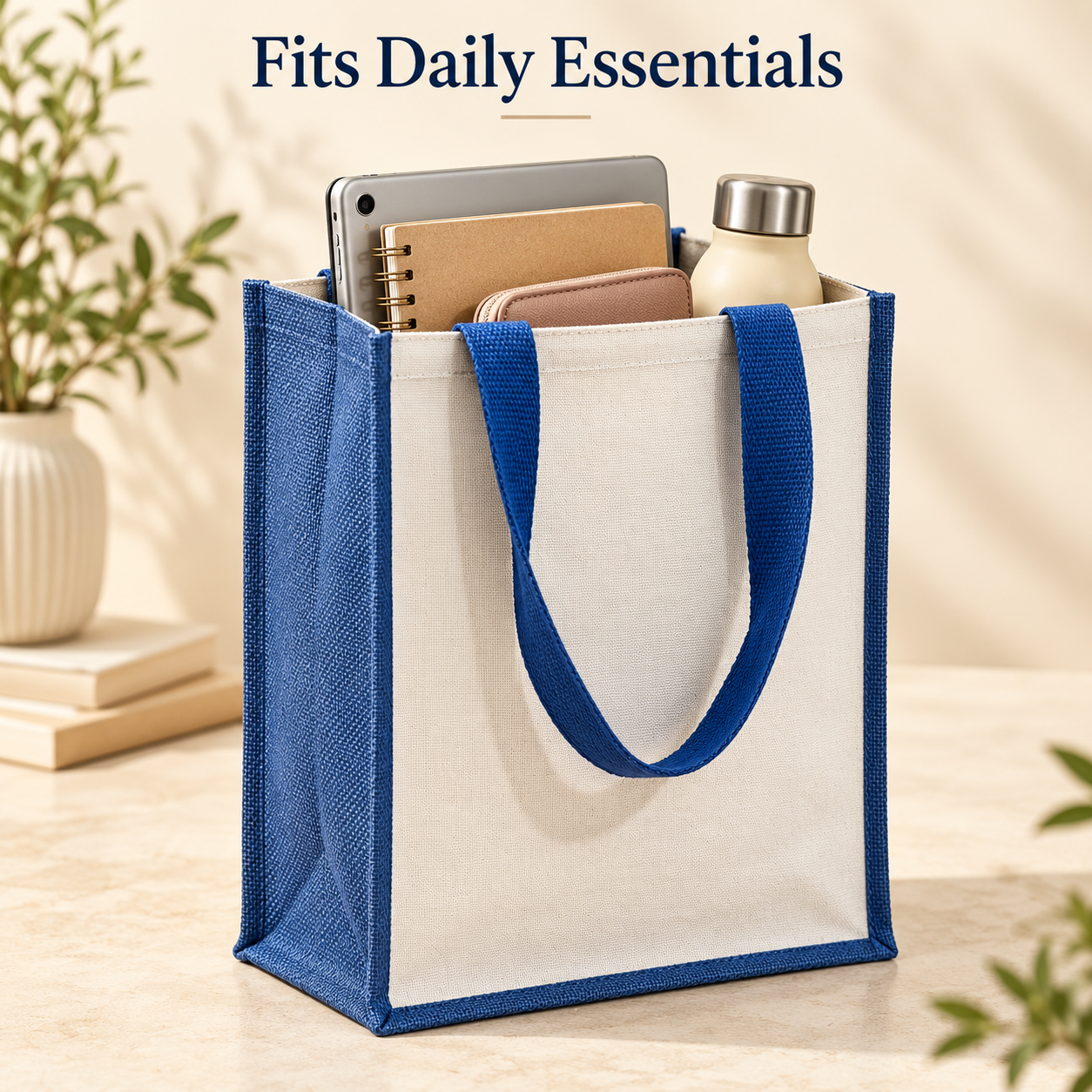 Plain 12x15.5x5.5 Blue Laminated Jute & Canvas Tote Bag