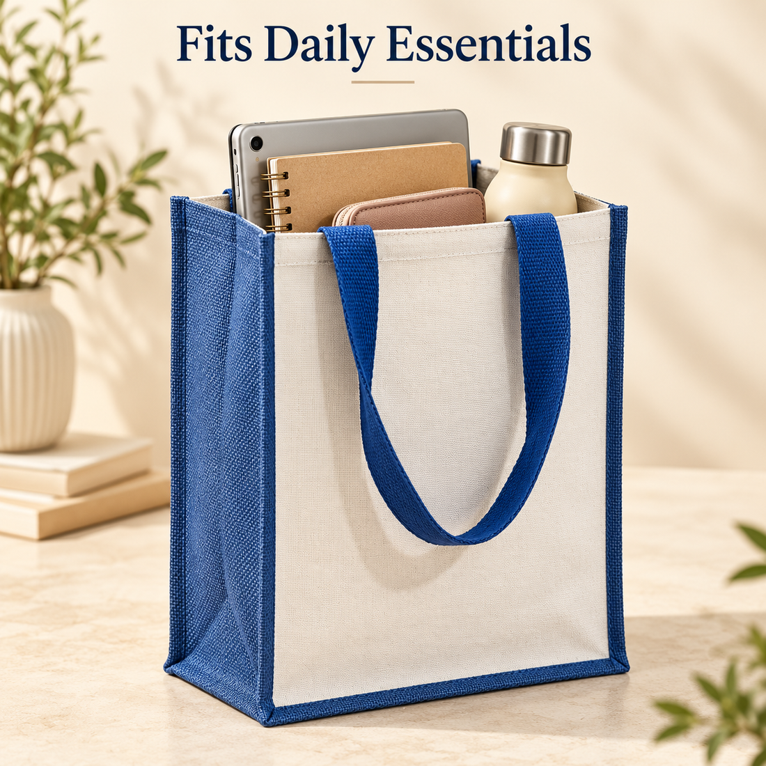 Plain 12x15.5x5.5 Blue Laminated Jute & Canvas Tote Bag