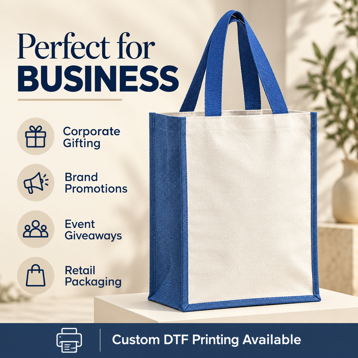 Plain 12x15.5x5.5 Blue Laminated Jute & Canvas Tote Bag