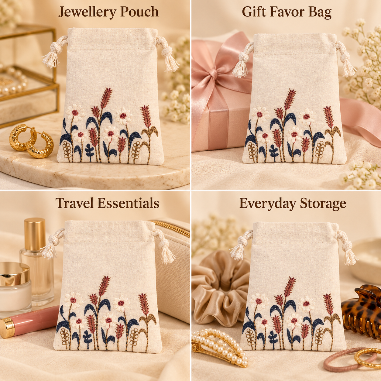 Rustic Harvest Embroidered Cotton Drawstring Pouch