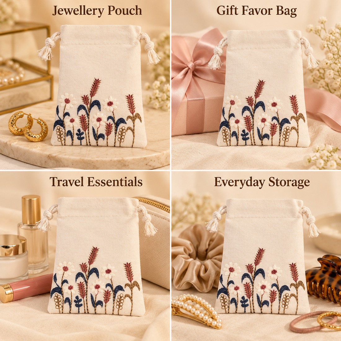 Rustic Harvest Embroidered Cotton Drawstring Pouch