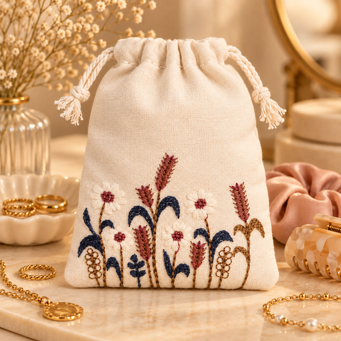 Rustic Harvest Embroidered Cotton Drawstring Pouch