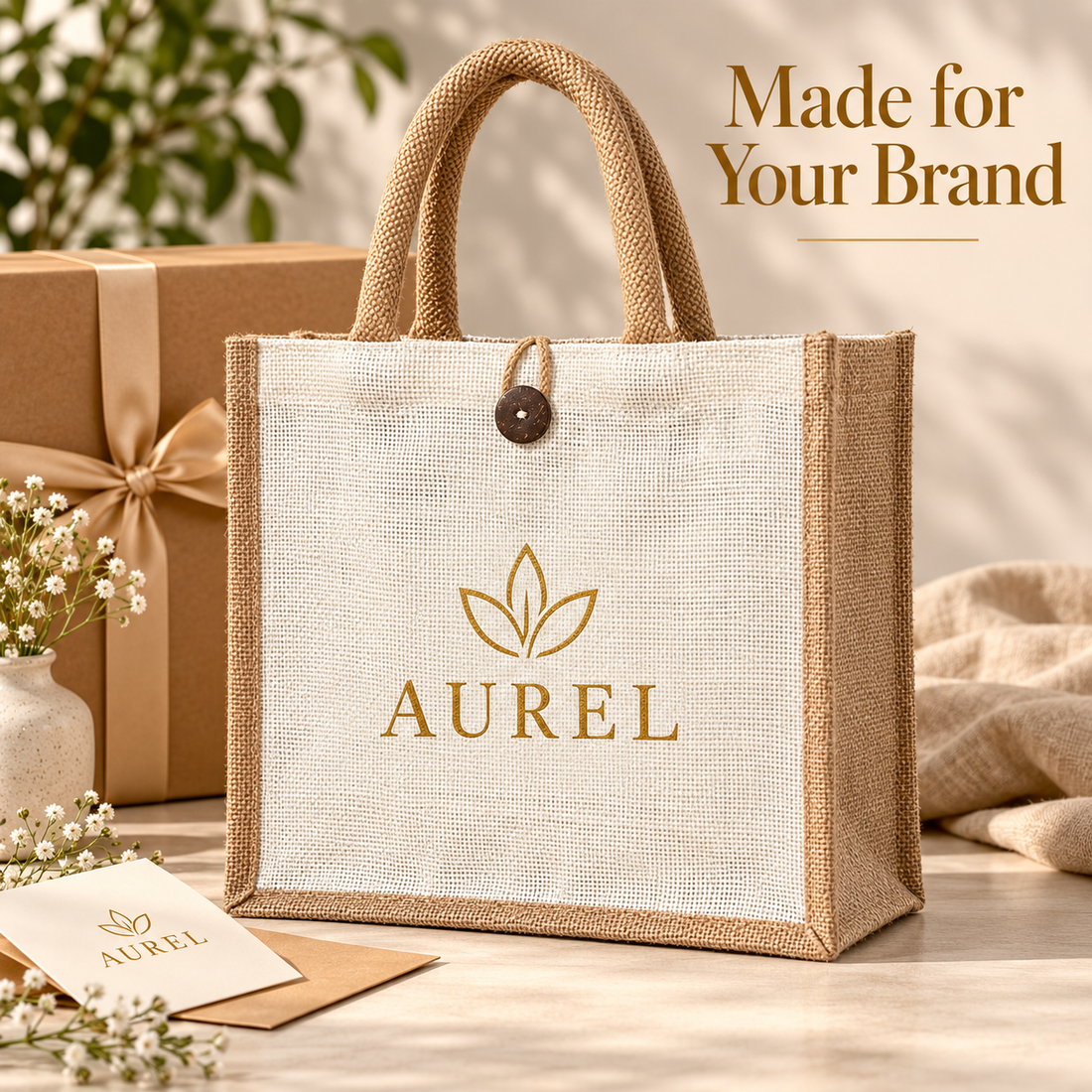 12x12x6 Natural Laminated Jute Gift Bag with Button Closure