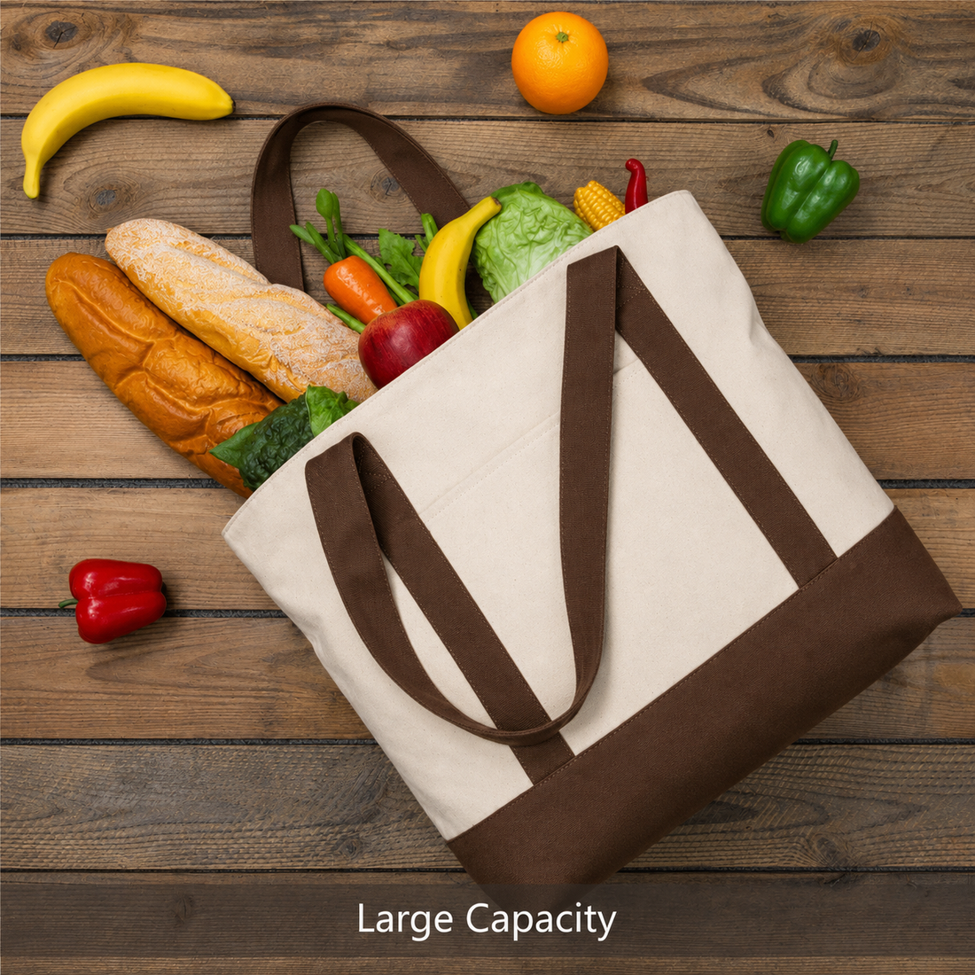 Brown and Beige Large Canvas Tote Bag | 19" x 15" x 6"