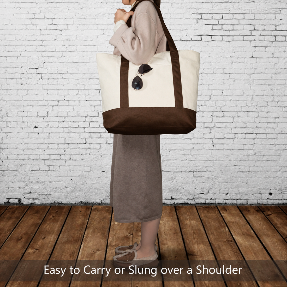 Brown and Beige Large Canvas Tote Bag | 19" x 15" x 6"