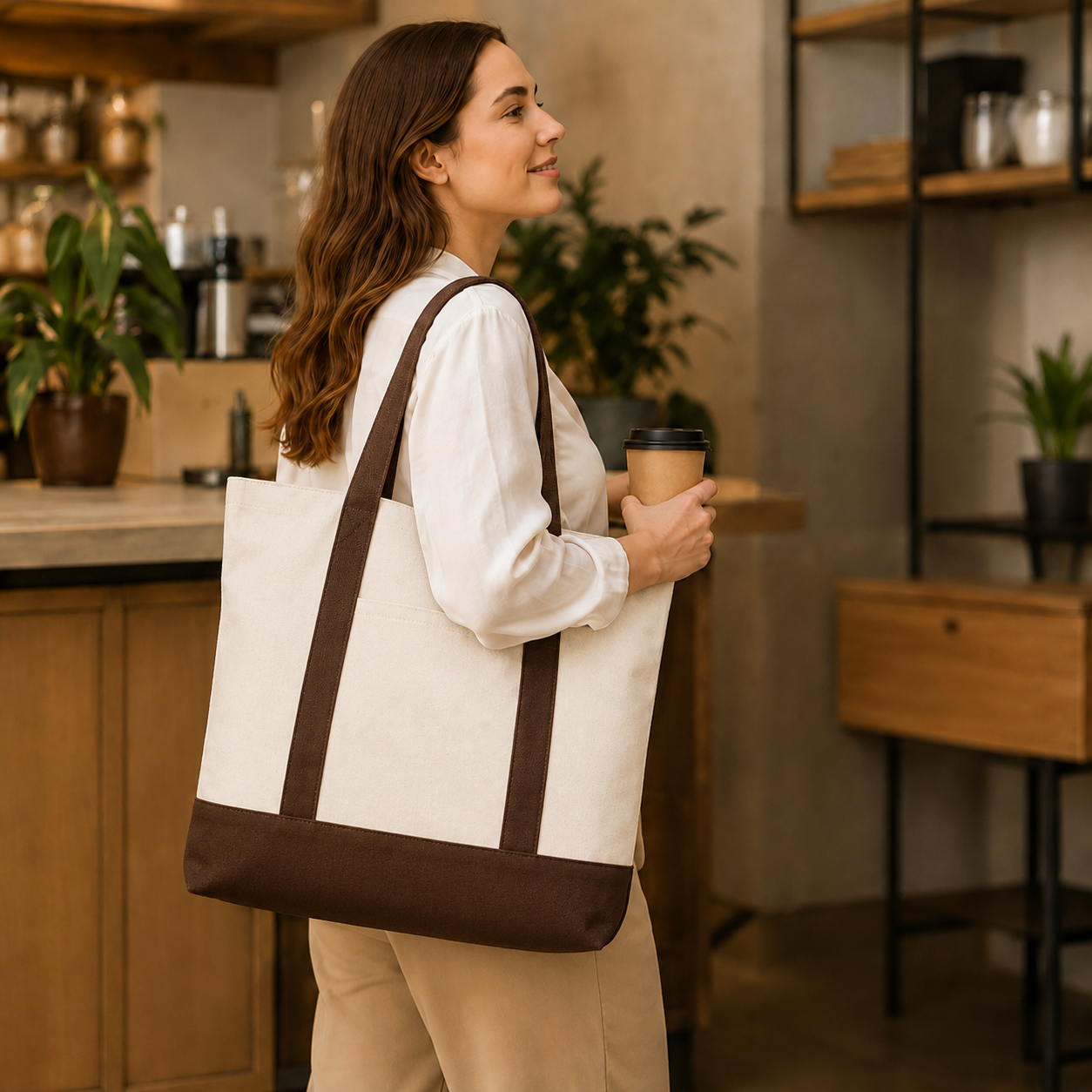 Brown and Beige Large Canvas Tote Bag | 19" x 15" x 6"