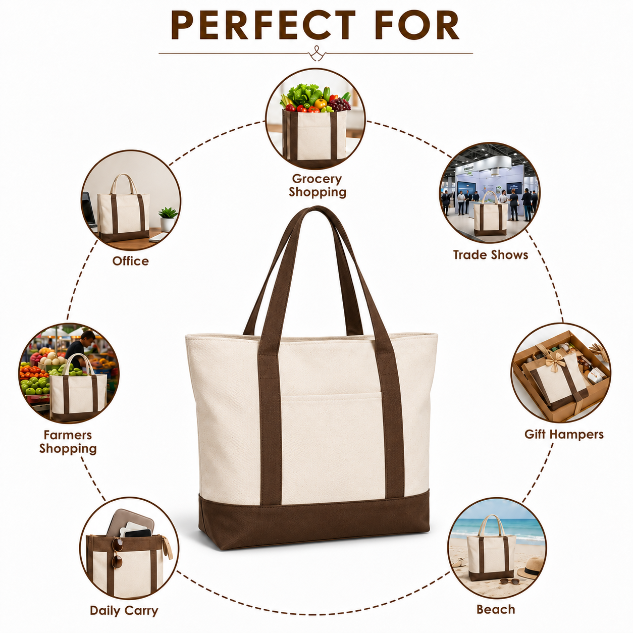 Brown and Beige Large Canvas Tote Bag | 19" x 15" x 6"