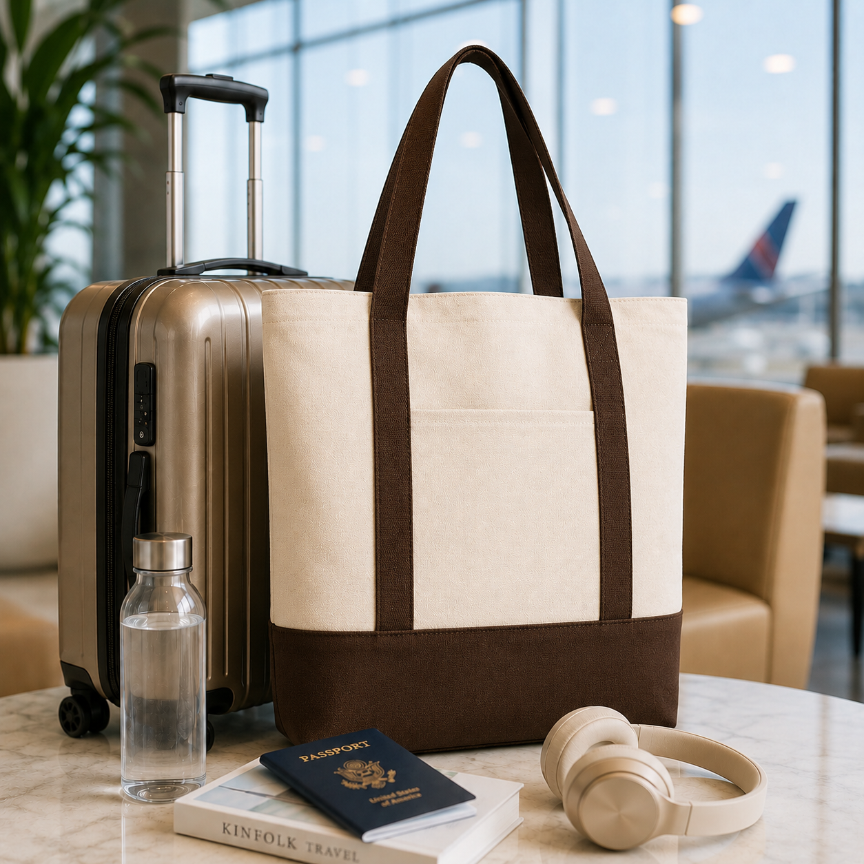 Brown and Beige Large Canvas Tote Bag | 19" x 15" x 6"