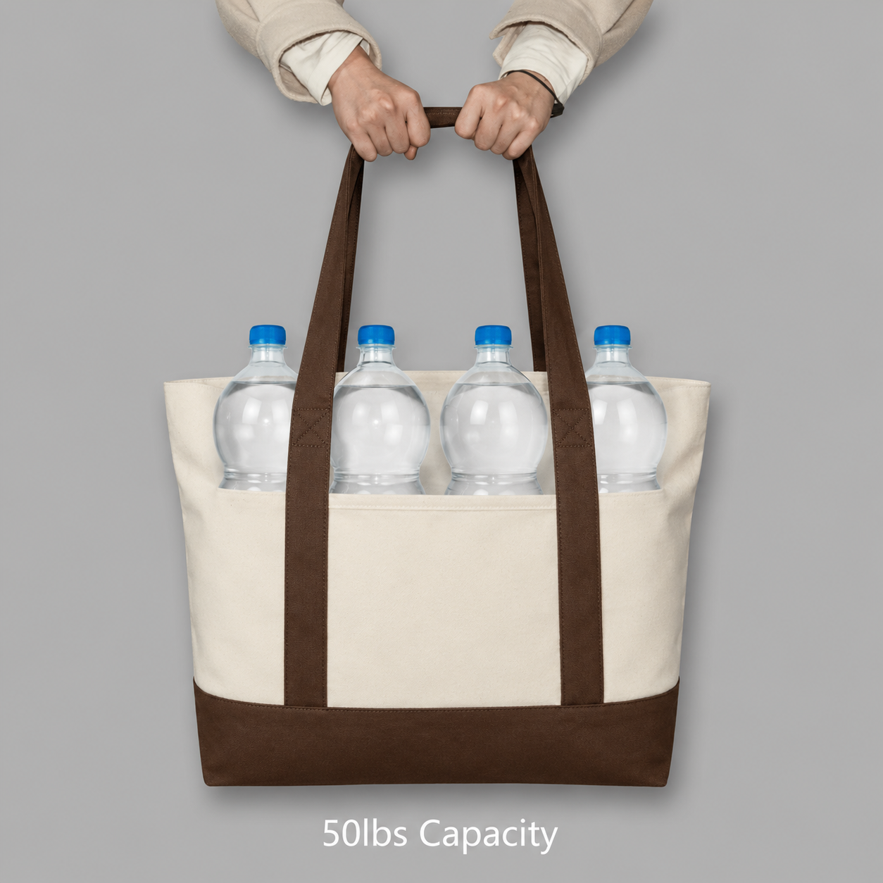 Brown and Beige Large Canvas Tote Bag | 19" x 15" x 6"