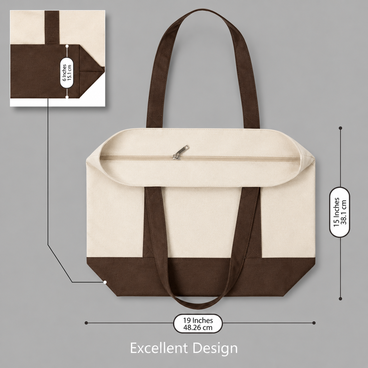 Brown and Beige Large Canvas Tote Bag | 19" x 15" x 6"