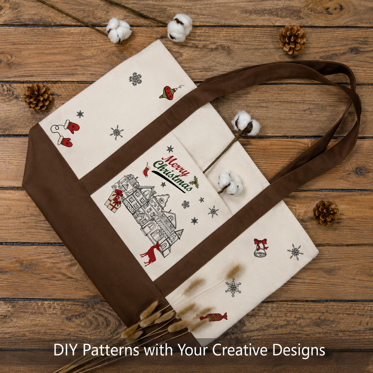 Brown and Beige Large Canvas Tote Bag | 19" x 15" x 6"