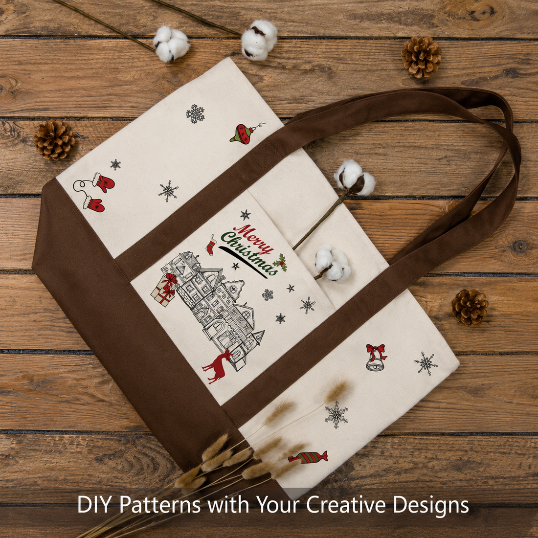 Brown and Beige Large Canvas Tote Bag | 19" x 15" x 6"