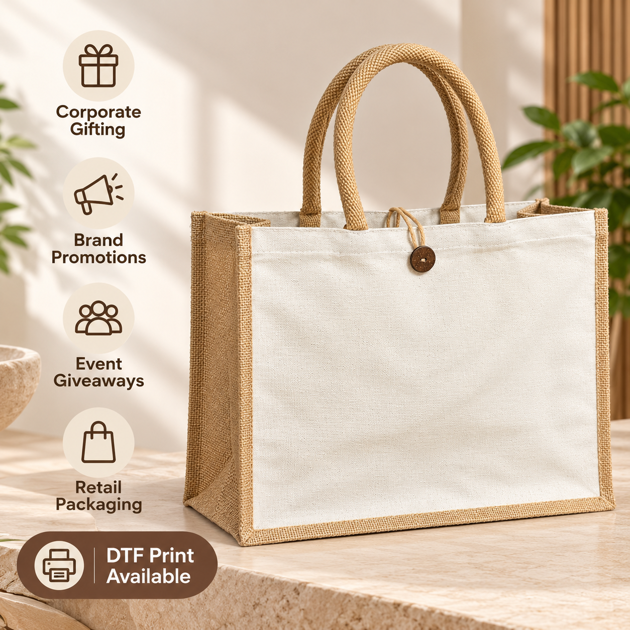 Plain 16x13x6 Natural Laminated Jute & Canvas Hamper Bag with Button Closure