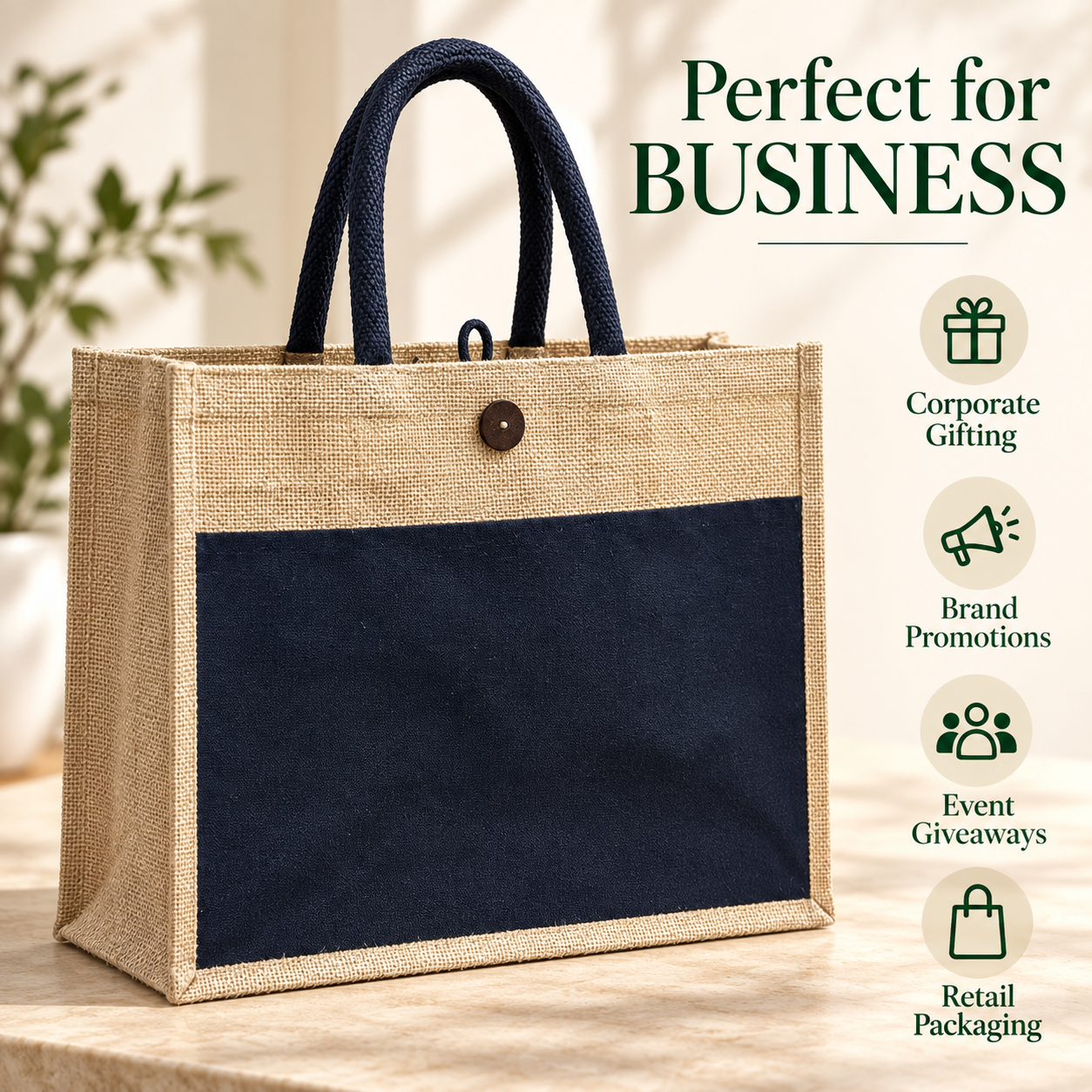 Plain 16x13x6 Black & Natural Laminated Jute Hamper Bag with Canvas Front Pocket