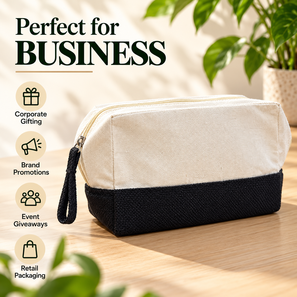 Plain 8x5x3 Black & Natural Cotton Canvas Zipper Pouch | 220 GSM