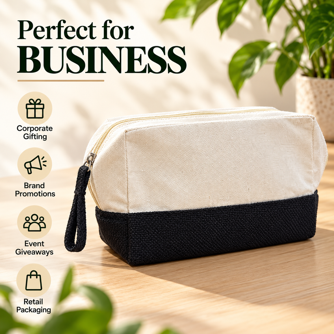 Plain 8x5x3 Black & Natural Cotton Canvas Zipper Pouch | 220 GSM