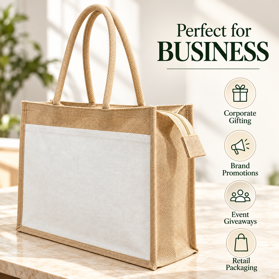 Plain 17x13x6 Natural Jute & Canvas Zipper Shopping Bag with Canvas Front Pocket