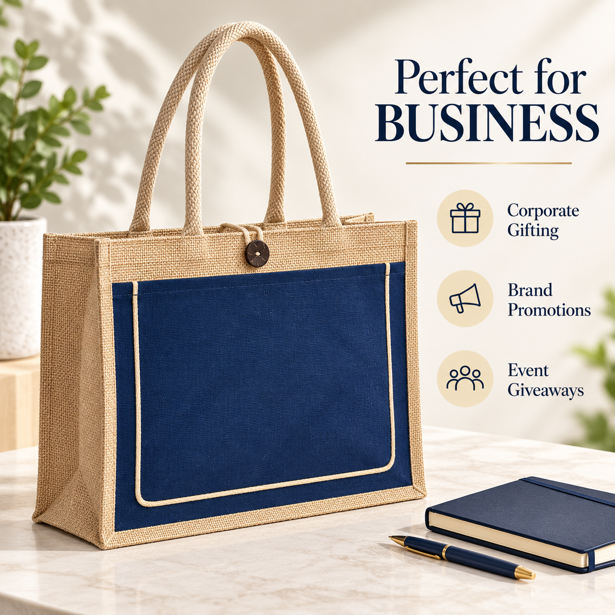 Plain 17x13x6 Royal Blue & Natural Jute Tote Bag with Piped Canvas Front Pocket