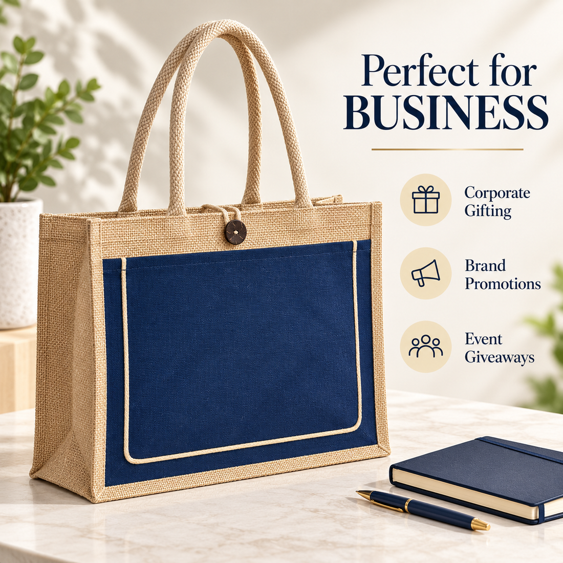 Plain 17x13x6 Royal Blue & Natural Jute Tote Bag with Piped Canvas Front Pocket