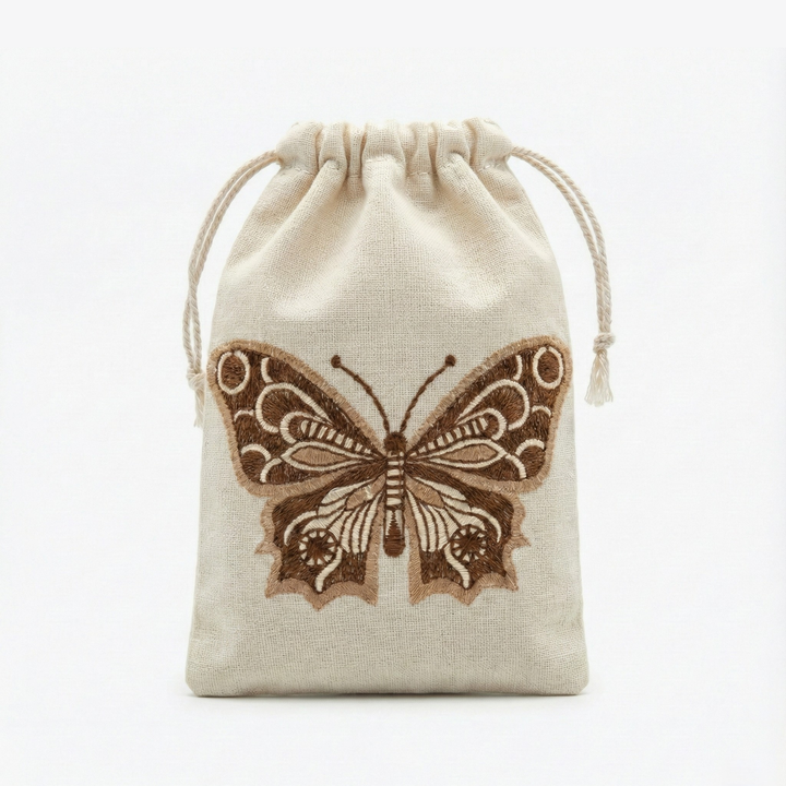 Butterfly Embroidered Cotton Drawstring Pouch Bag