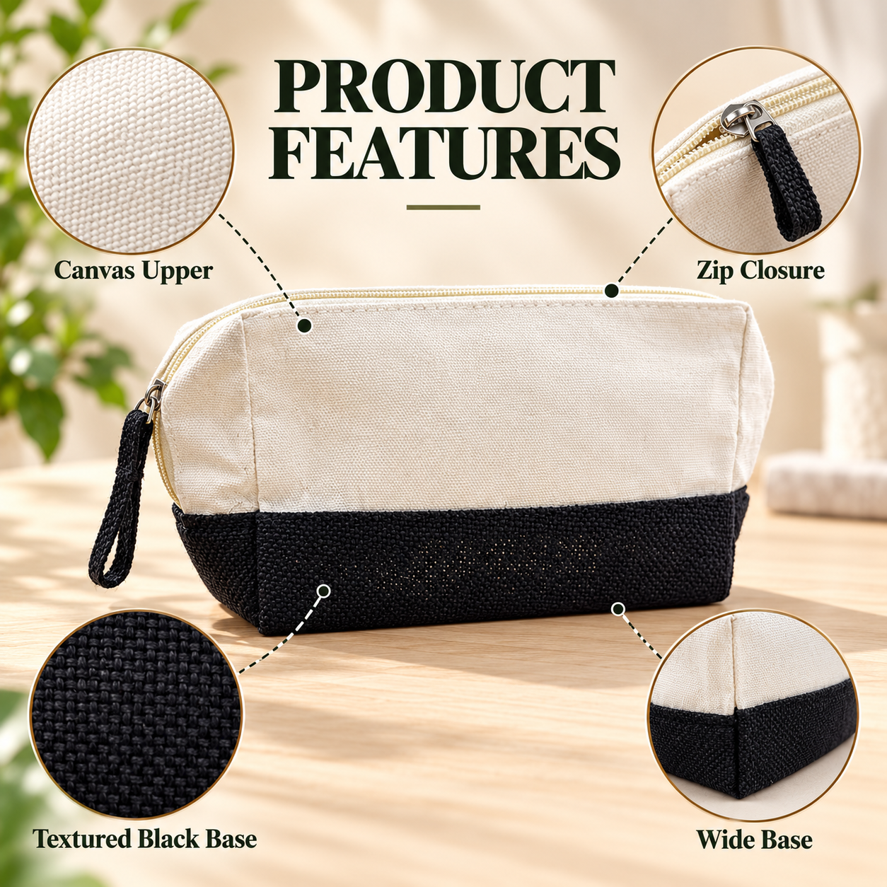 Plain 8x5x3 Black & Natural Cotton Canvas Zipper Pouch | 220 GSM