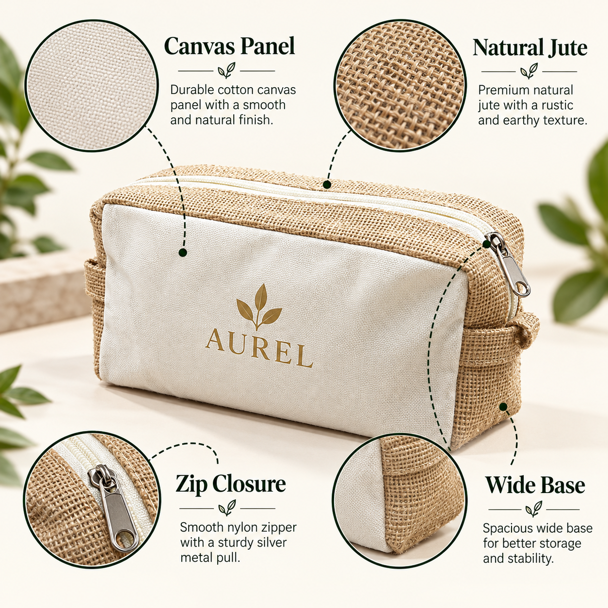 8x5x3 Natural Jute & Canvas Boxy Zipper Pouch