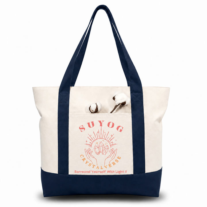 Navy Blue and Beige Large Canvas Tote Bag | 19" x 15" x 6"