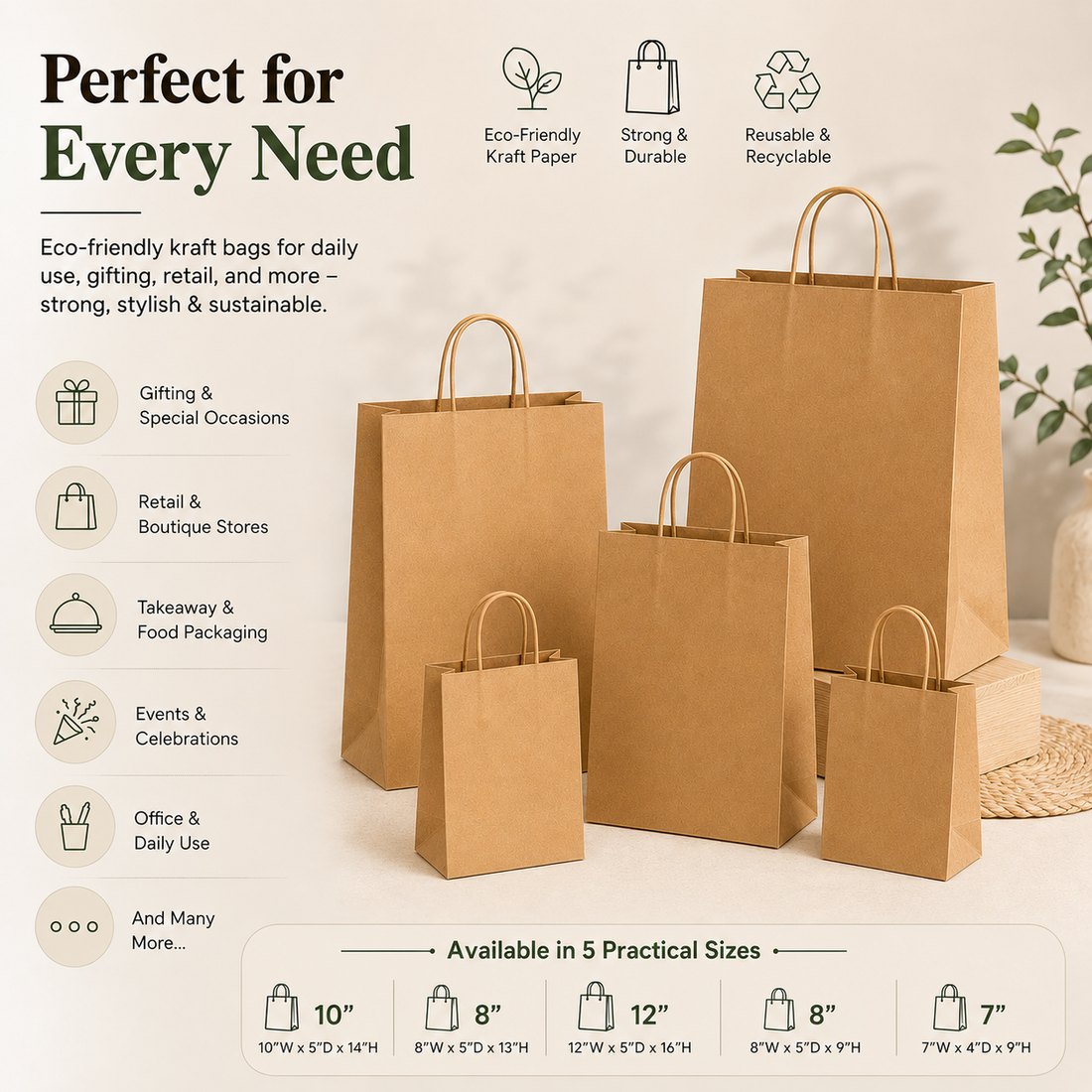 Kraft Paper Shopping Bag Sample Kit - 5 Sizes | 110 GSM