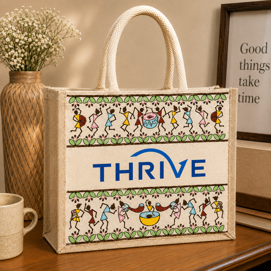 Tribal Beats Warli Hamper Bag - Beige