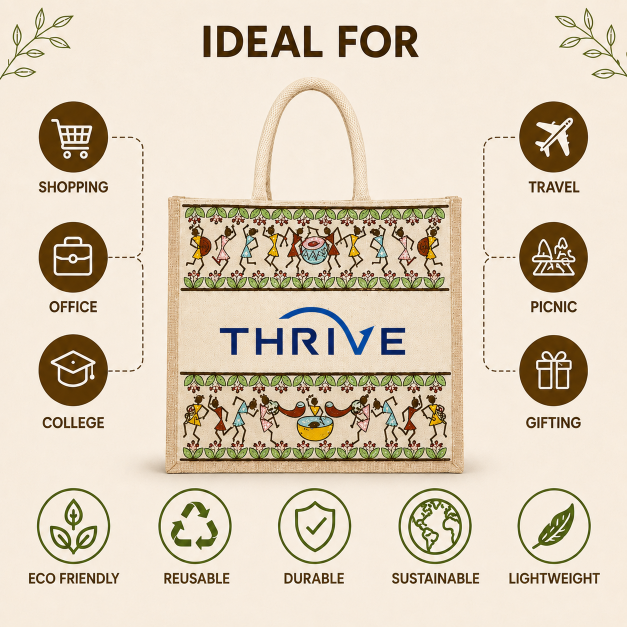Tribal Beats Warli Hamper Bag - Beige