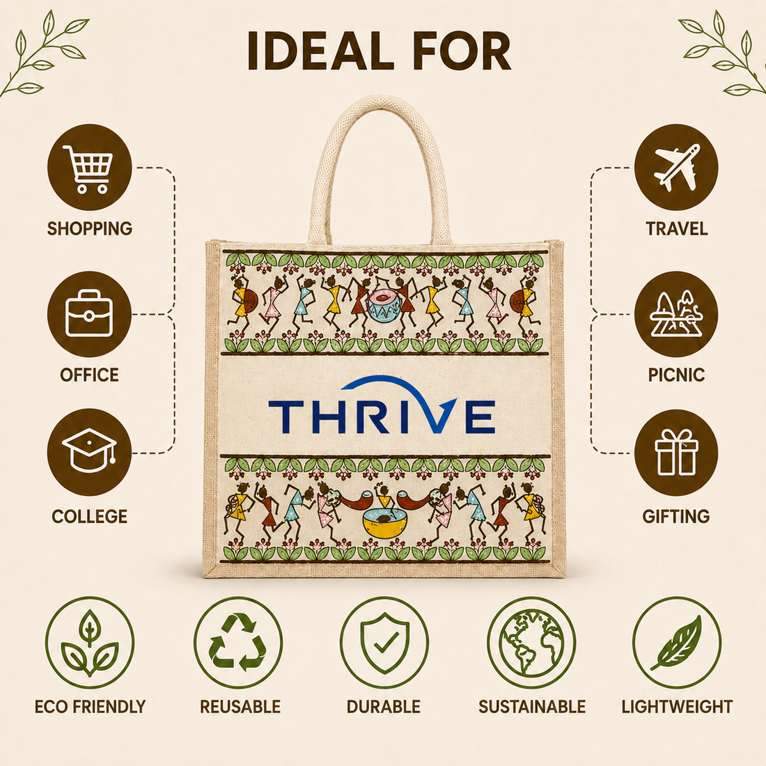 Tribal Beats Warli Hamper Bag - Beige