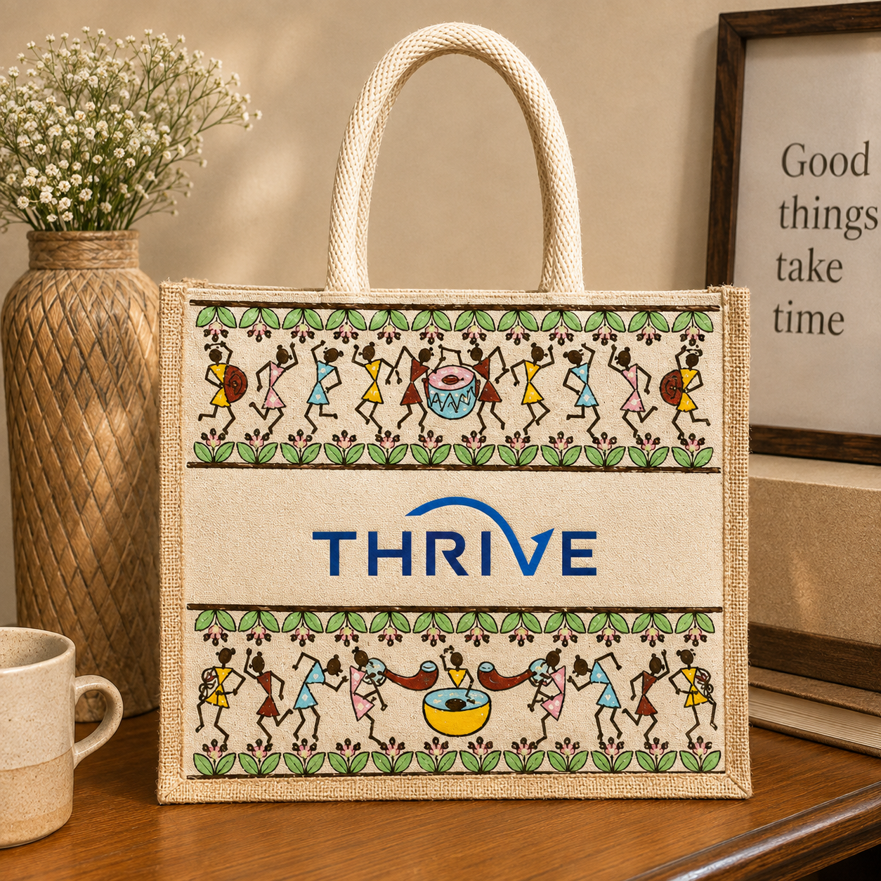 Tribal Beats Warli Hamper Bag - Beige